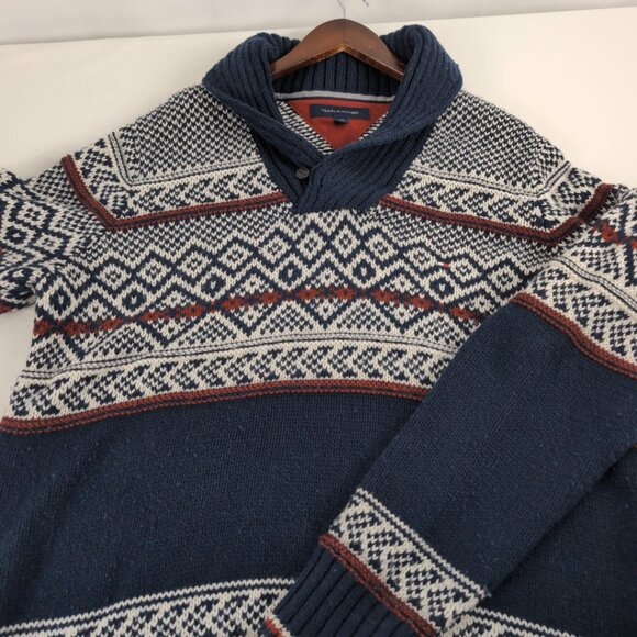 Tommy Hilfiger Men's Sweater Navy/Cream/Red Knit Wool Diamond Pattern, Large - Picture 3 of 8